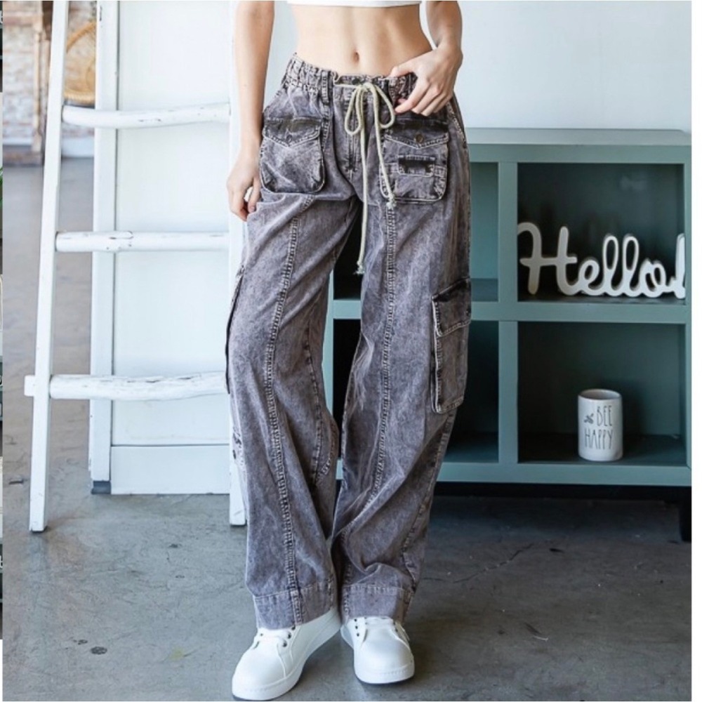 Oli & Hali Blue Acid Wash Wide Leg Cargo Pants Women Small Drawstring Utility
